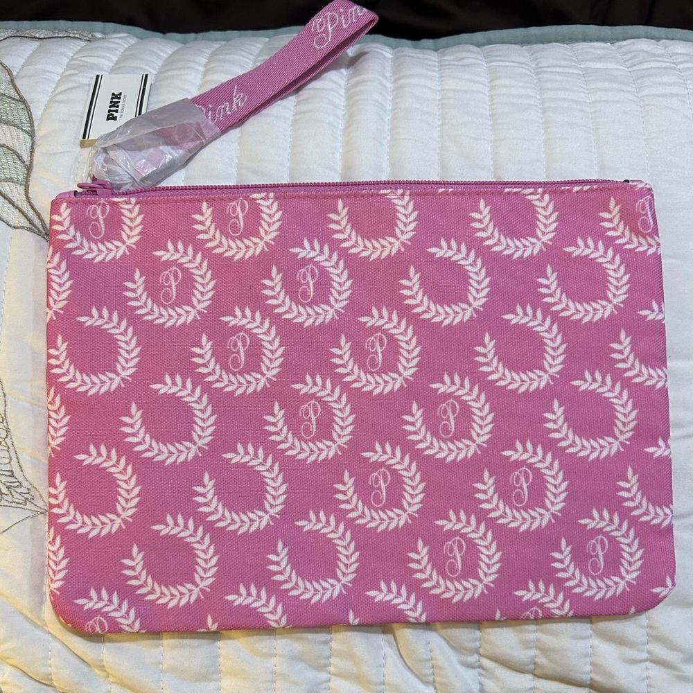 Victorias Secret PINK All over Logo Pink Wristlet Pouch NWT